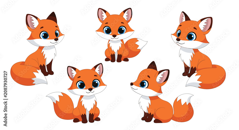 Fototapeta premium Set of five cute little red foxes with big blue eyes shown in various sitting poses isolated on a white background.