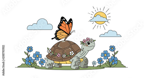 Cute cartoon turtle decorated with flower crowns walks through a blue floral field under a bright shining sun.