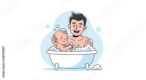 Happy young father and his little baby take a bath together surrounded by soapy bubbles in a vintage white bathtub.