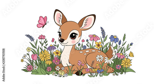 Cute cartoon deer lies peacefully in a meadow of colorful wildflowers while a pink butterfly flutters nearby.