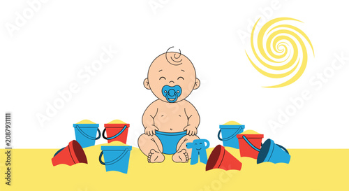 Cute baby boy in a blue diaper sits on a sandy beach surrounded by colorful toy buckets under a bright yellow sun.