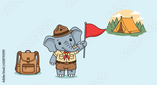 Cute cartoon elephant scout holding a red flag stands next to a brown backpack and a forest camping tent graphic.
