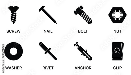 Hardware fasteners set containing screw nail bolt nut washer and anchor vector illustration graphic.