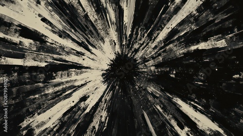 Abstract black ink splatter design. Radial pattern of ink drops, streaks. Artistic grunge texture. Ideal for backgrounds illustrations. Design element with messy, dirty, grimy aesthetic. Ink brush