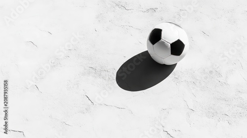 Black, white soccer ball rests on white ground casting shadow. Sport equipment illustration. Simple design. Classic ball. Perfect for sport, soccer, football, athletic themes. Perfect for website