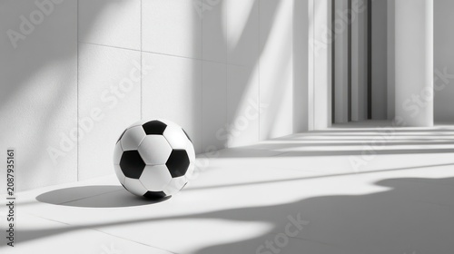 Black, white soccer ball rests on white ground casting shadow. Sport equipment illustration. Simple design. Classic ball. Perfect for sport, soccer, football, athletic themes. Perfect for website