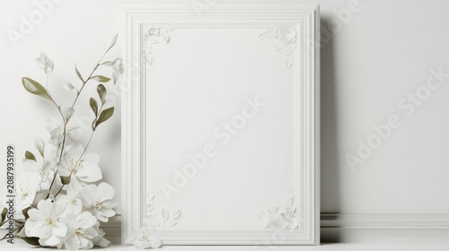 Blank white funeral flyer mockup. Subtle floral borders frame flyer. Soft shadows on light gray background. Elegant design for memorial event. Ideal for creating custom funeral announcements.