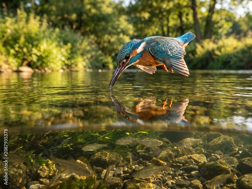 Nature in Action: A Perfect Split-Level View of a Common Kingfisher Breaking the Surface with Its Prey