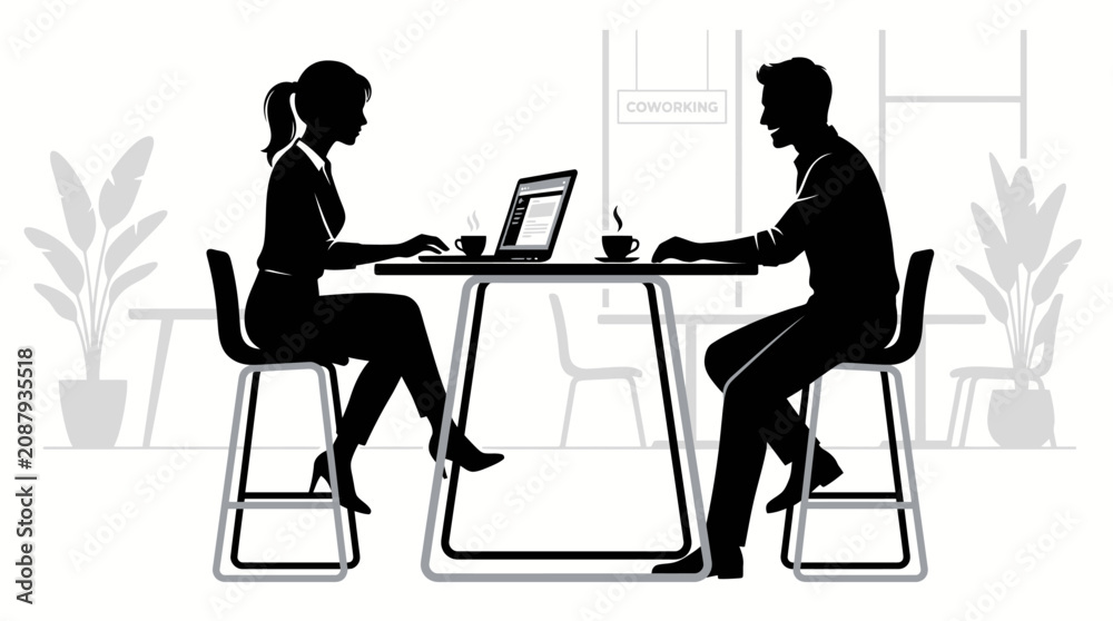 Fototapeta premium Business people working on laptops, office silhouettes, black and white illustration, modern workspace
