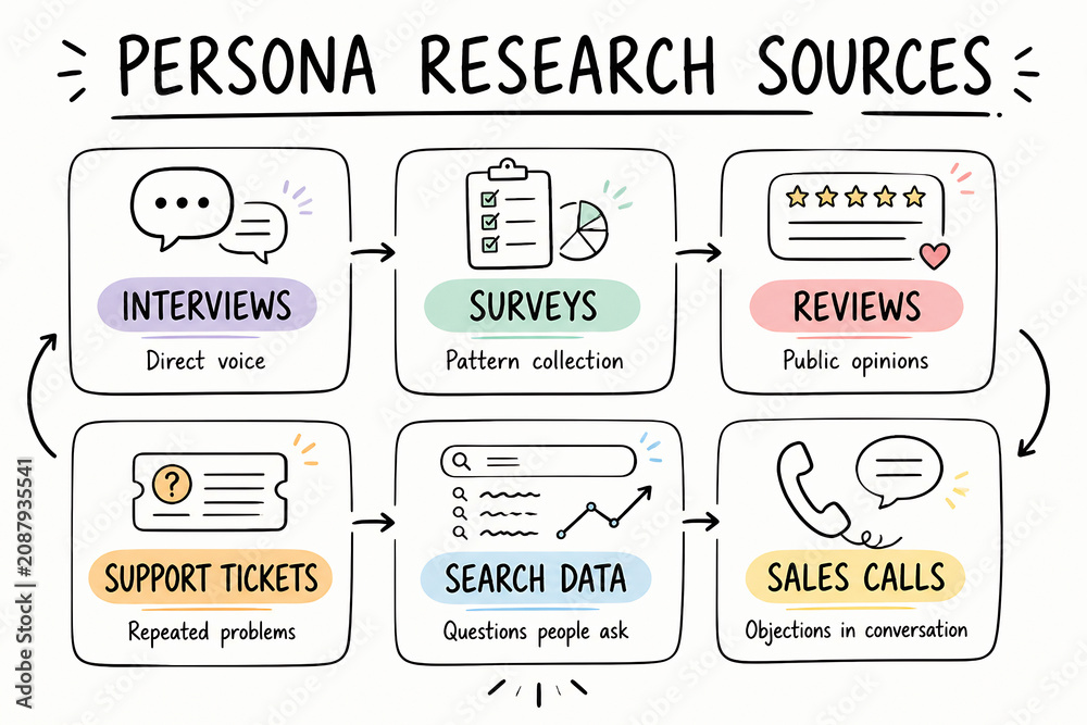Fototapeta premium A diagram illustrates various persona research sources including interviews, surveys, reviews, support tickets, search data, and sales calls.