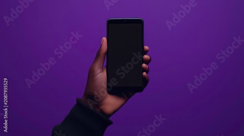 Close up of hand holding modern smartphone with blank screen. Phone held in hand. Isolated on purple background. Image suitable for tech design, app mockup, digital communication concept. Hand holds