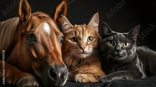 Close up portrait of horse dog, cat. Animals look at camera. Pets together in studio shot against dark background. Seem friendly, cute. Possible themes for image family pet animal friends