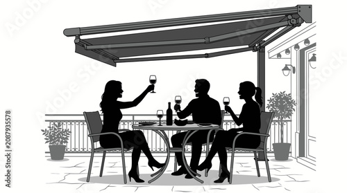 Black and white, outdoor dining, patio scene, people enjoying wine, social gathering vector illustration