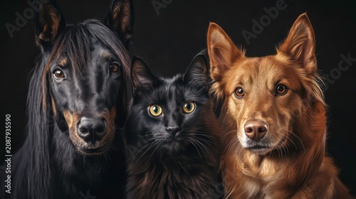Close up portrait of horse dog, cat. Animals look at camera. Pets together in studio shot against dark background. Seem friendly, cute. Possible themes for image family pet animal friends