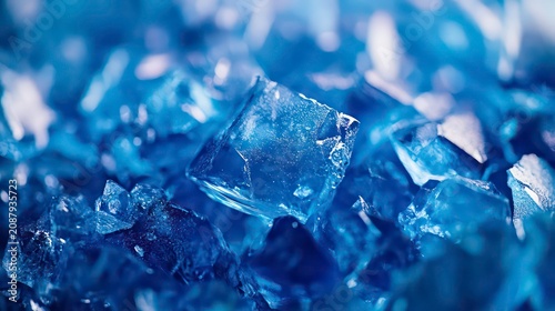 Closeup view of many ice crystals. Blue ice pieces. Water droplets cover surface. Abstract wintery scene. Coldness, clarity of ice. Intricate icy texture. Macro perspective captures intricate details.