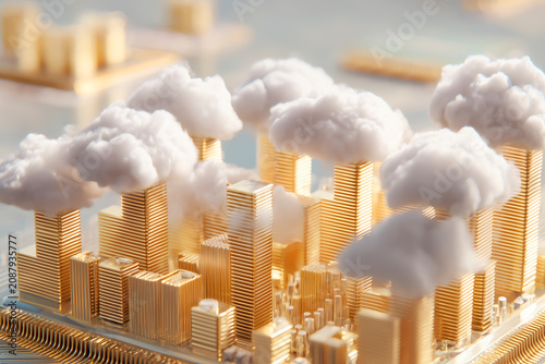Futuristic cloud city growing from computer chip