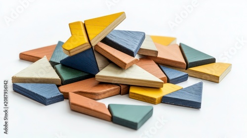 Colorful wooden puzzle pieces form partially completed geometric shape puzzle on white background. Image conveys concepts of logical thinking, problem-solving, strategy, success. Visual represents