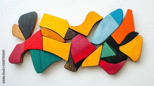 Colorful wooden puzzle pieces form partially completed geometric shape puzzle on white background. Image conveys concepts of logical thinking, problem-solving, strategy, success. Visual represents