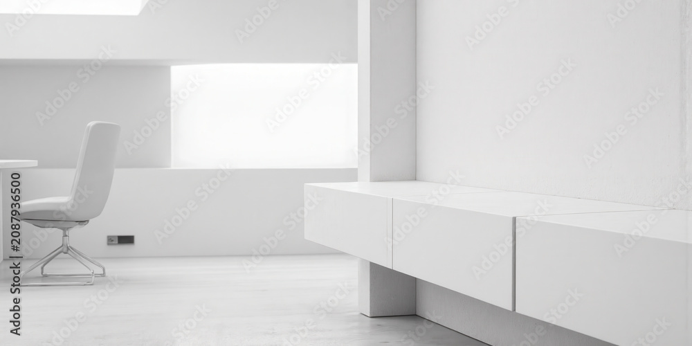 Fototapeta premium Minimalist White Concrete Bench A simple, clean architectural feature showing a smooth white concrete bench seamlessly integrated into the wall