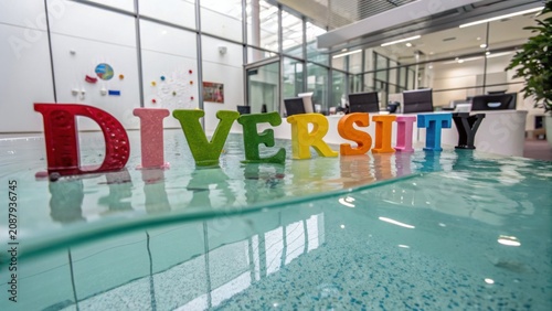 Vibrant Letters Spelling Diversity in Modern Office Environment Surrounded by Water and Natural Light for Inspiration