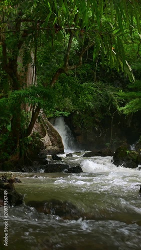 Vertical view of a scenic waterfall cascading over rocks in the middle of a dense tropical jungle. Fast-flowing white water rushes down a rocky riverbed surrounded by vibrant green foliage and trees.