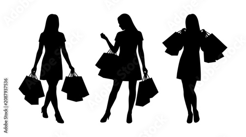 Foto Shopping woman silhouette set, black vector fashion illustration