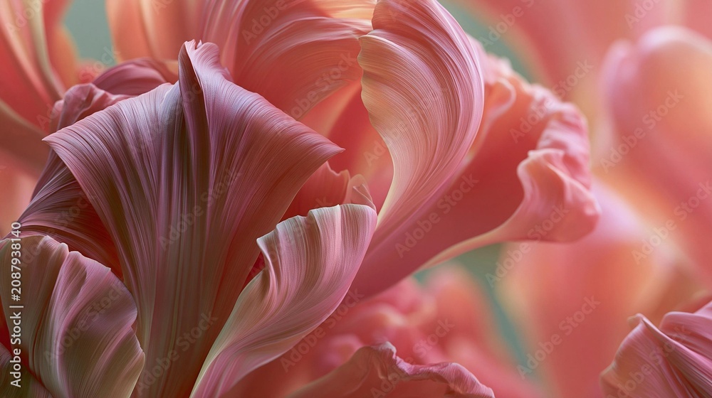 Obraz premium Close-up of a group of pink tulips. the petals of the tulips are arranged in a way that they are overlapping each other, creating a sense of depth and texture.