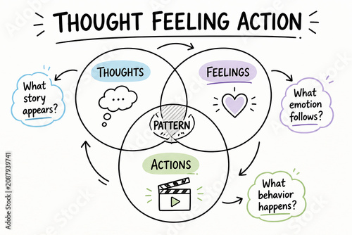 A diagram illustrates the interconnected cycle of Thought, Feeling, and Action, highlighting a recurring pattern.