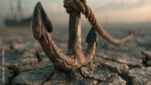 A massive iron ship anchor embedded in cracked earth, rope taut in golden light.