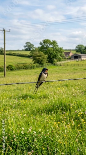 Barn swallow bird perched on wire in green meadow field