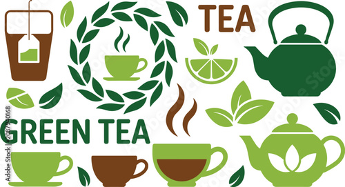 Green tea vector illustration icon set with teapots cups leaves and lemon elements for organic beverage brand logo