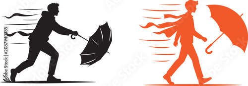 Silhouette of men struggling with umbrellas in strong wind vector illustration for storm and weather challenges