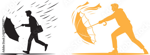 Tableau sur toile Man struggling with umbrella in wind and rain silhouette vector set for stormy w