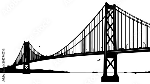 Black Silhouette Vector of a Suspension Bridge with Traffic and Birds Isolated on a Transparent Background