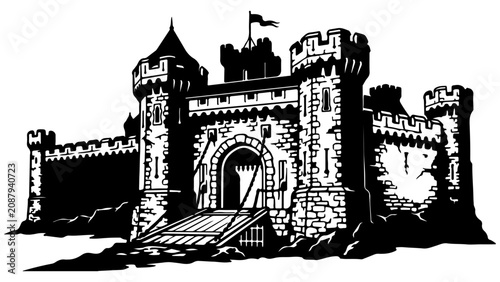 Photography Medieval Castle Vector Illustration Black and White Fortress with Drawbridge and