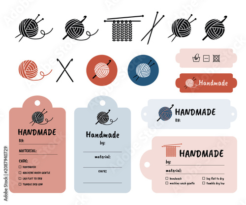 Handmade knitting and crochet logo set with product tags and labels.