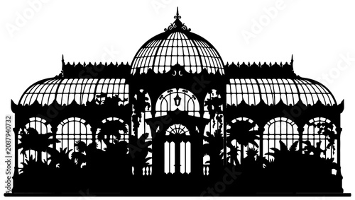 Cuadro en lienzo Victorian Greenhouse Conservatory Silhouette with Tropical Plants and Ornate Iro