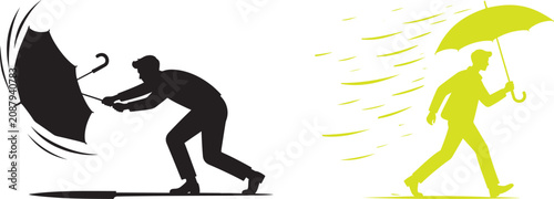 Fotografía Silhouette of man struggling with umbrella in storm versus man walking calmly wi