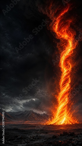 Fire Tornado Burning Through Dark Volcanic Ash Valley