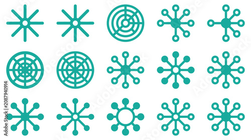 Foto Set of 15 cyan flat network and map icons including radial grids, hub-and-spoke nodes, connectivity diagrams, and data distribution symbols isolated on a plain white background