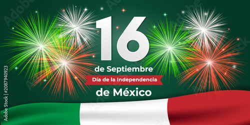 Canvastavla Mexican Independence Day celebration banner with fireworks, national flag, festive typography and patriotic colors