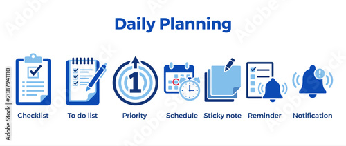 Daily planning icon set, blue productivity checklist symbols, schedule and task management vector
