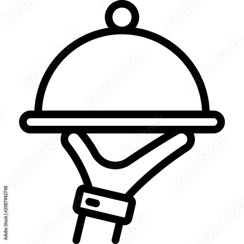Food service, menu, diet thin line icon: cloche in waiter's hand. Cathering. Vector illustration of restaurant delivery.
