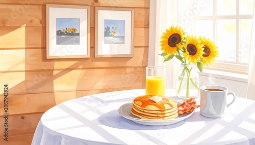 Elegant breakfast tray with fresh flowers and fruit on bed.