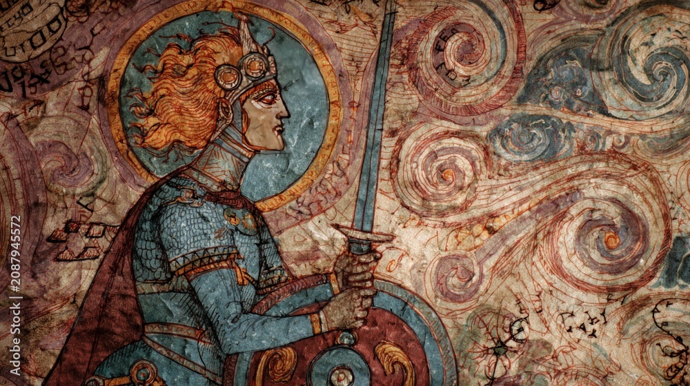 Fototapeta premium Warrior figure with sword and ornate halo