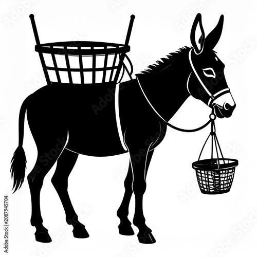 Black horse with saddle and basket on country road.