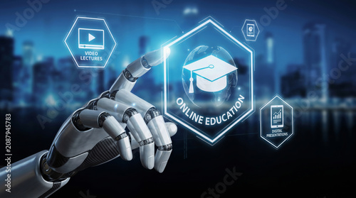 Online education ai e learning digital lesson virtual classroom future city. AI digital education technology innovation. online cyberspace e-learning, student cognition learning study training