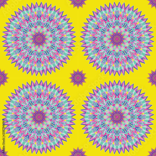 Bold seamless mandala featuring layered pastel blue, teal, pink, and purple petals on a bright yellow background. Ideal for fabric, wallpaper, packaging, fashion, and decorative products.