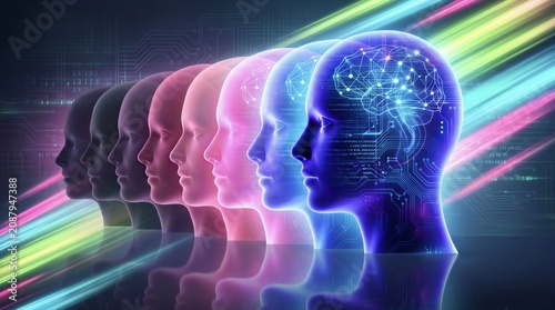 Human Brain AI Concept with Glowing Digital Multi Colored Mind Silhouette in Futuristic Matrix Background