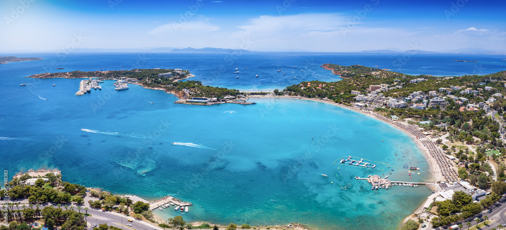 Obraz premium Panoramic aerial summer day view of the bay and beach of Vouliagmeni, south Athens coast, Attica, Greece
